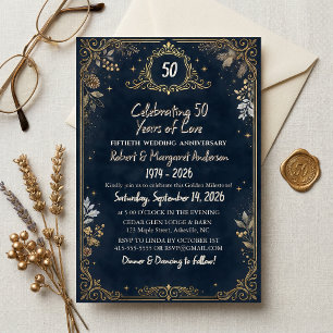 Convite Rúbrica Azul Simples 50º Aniversário de Casamento