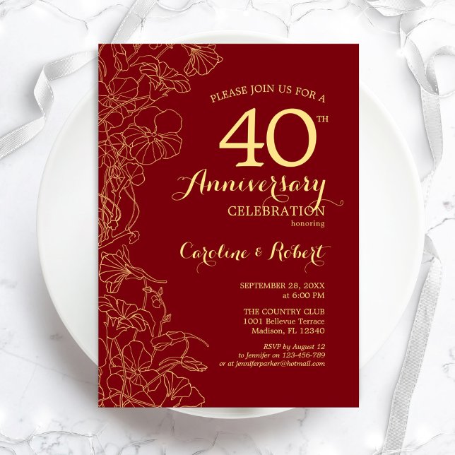 Convite Rubro Ouro Floral 40º Aniversário (Criador carregado)