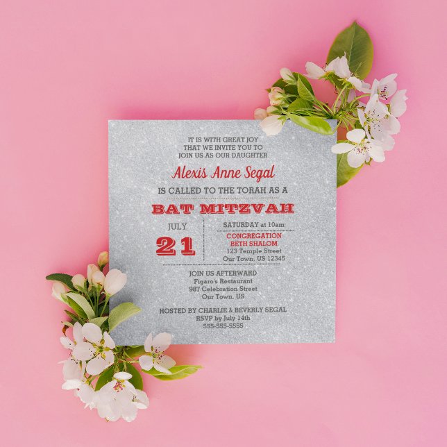 Convite Ruby e Silver Glitter Glam Bat Mitzvah (Criador carregado)