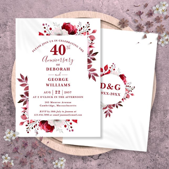Convite Ruby Elegant Floral 40º Aniversário de Casamento (Ruby Elegant Floral 40th Wedding Anniversary Invitation)