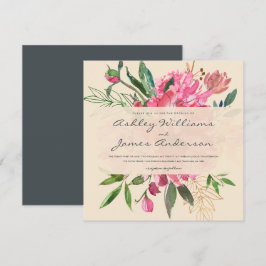 Convite Ruby Pink Peony Buquê Floral Casamento de Marfim