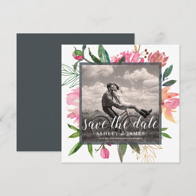 Convite Ruby Pink Peony Foto Botânica Salvar Data (Frente/Verso)