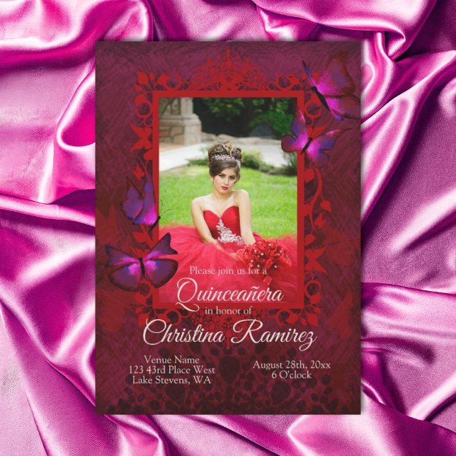 Convite Ruby Red, Antiguamente Borboleta Quinceanera Convi (Fancy red and magenta pink quinceanera invitations)