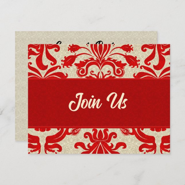 Convite Ruby Red e Taupe Damask Professional Business (Frente/Verso)