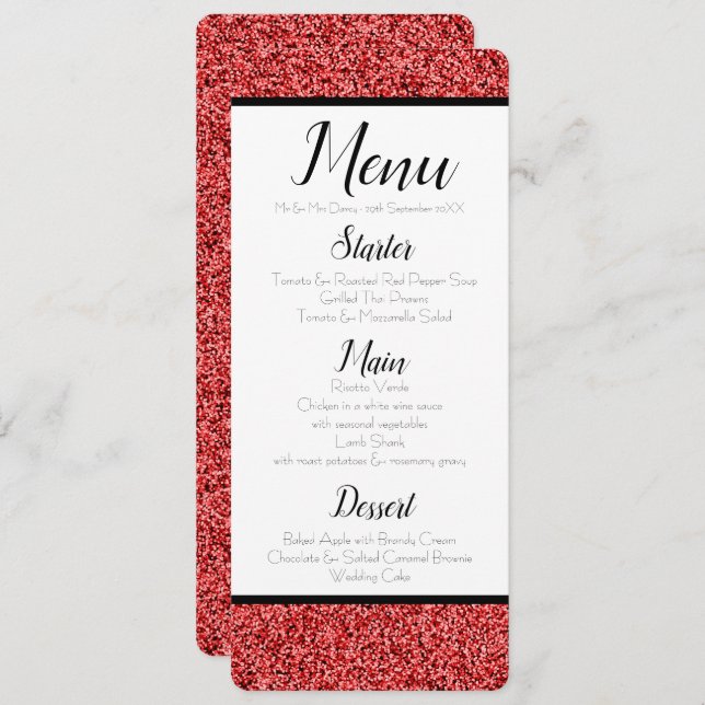 Convite Ruby Red Faux Glitter Menu (Frente/Verso)