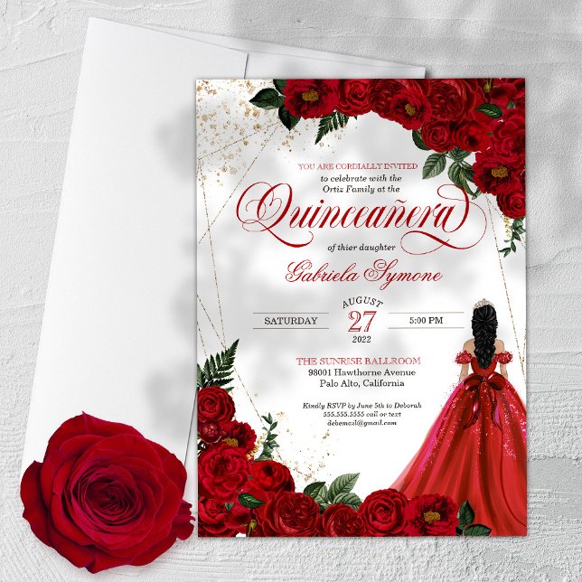 Convite Ruby Red Floral Rosa e Dourada Quinceañera (Criador carregado)