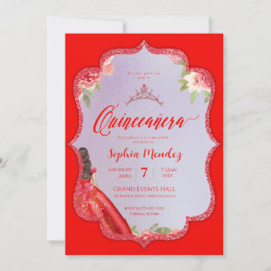 Convite Ruby Red Floral Watercolor Quinceanera