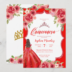 Convite Ruby Red Floral Watercolor Quinceanera