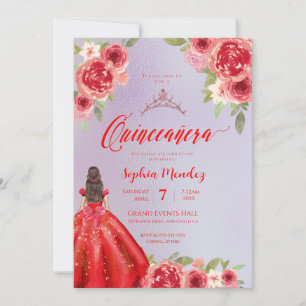 Convite Ruby Red Floral Watercolor Quinceanera