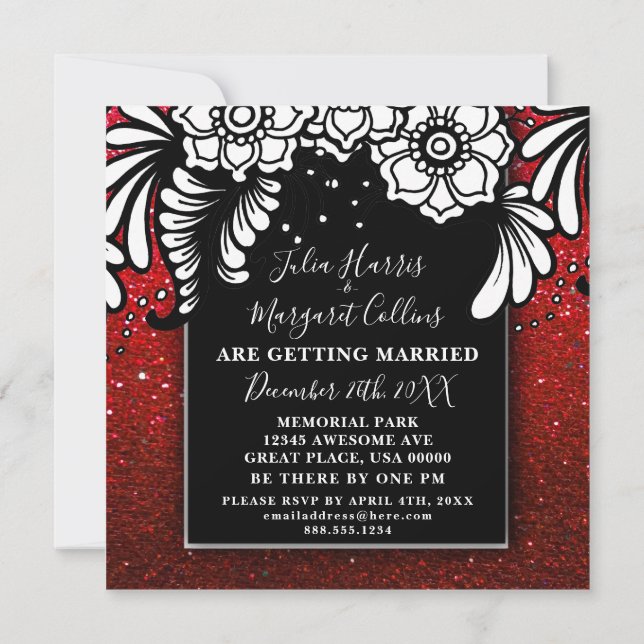 Convite Ruby Red Glitter Ombre Esmaga Floral Elegante (Verso)