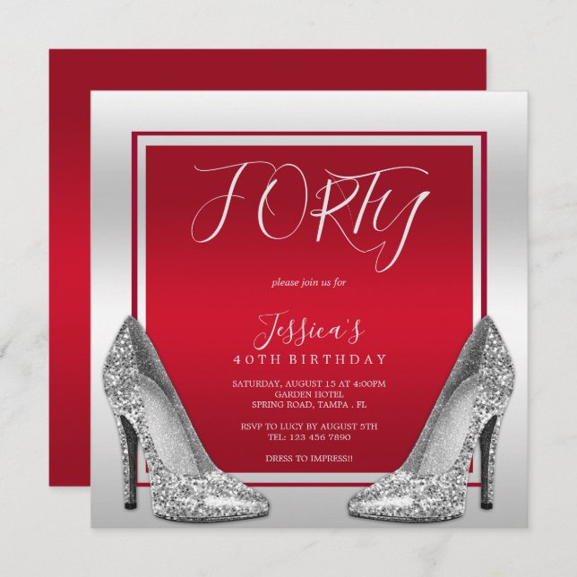 Convite Ruby Red & Silver Stilettos aniversário de 40 anos (Frente/Verso)
