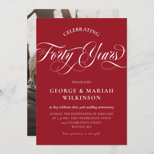Convite Ruby Red Swirly Calliographic 40ª Aniversário do C (Frente/Verso)