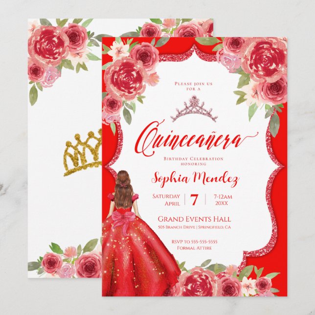 Convite Ruby Rosa vermelha Floral Watercolor Quinceanera (Frente/Verso)