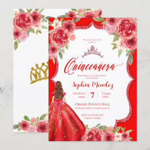 Convite Ruby Rosa vermelha Floral Watercolor Quinceanera