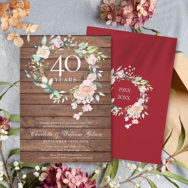 Convite Ruby Wedding Anniversário Rustic Wood Floral (40th Ruby Wedding Anniversary Rustic Wood Floral Invitation)