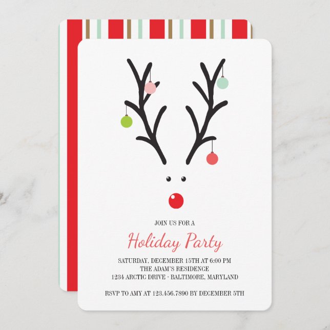 Convite Rudolf, Partido das Férias Reindeer (Frente/Verso)
