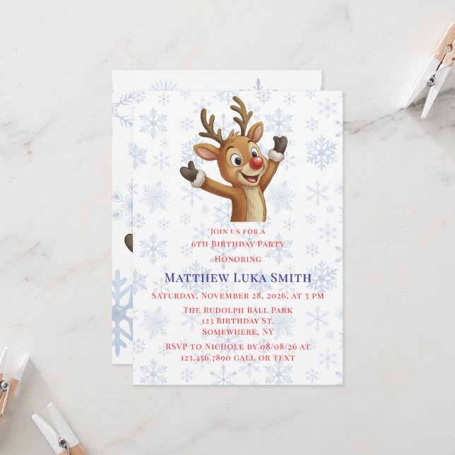 Convite Rudolph with Blue Snowflakes Birthday Bash (Frente/Verso In Situ)