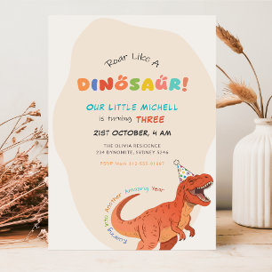 Convite Ruge Como um Dinossauro Aquarela T-Rex 3º Aniversá