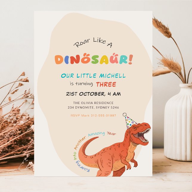 Convite Ruge Como um Dinossauro Aquarela T-Rex 3º Aniversá (Criador carregado)
