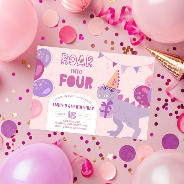 Convite Ruge em 4 Convites. Garota Dinossauro 4º (Roar Into 4 Invitations. Dinosaur Girl 4th Invitation
)