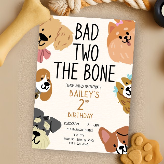 Convite Ruim Dois, Cachorro Bone Puppy Noite (Bad Two The Bone Puppy Dog Birthday Invitation)