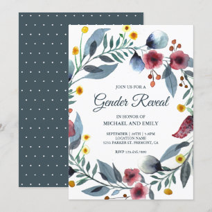 Convite Ruptura Floral Rústica Azul e Rosa