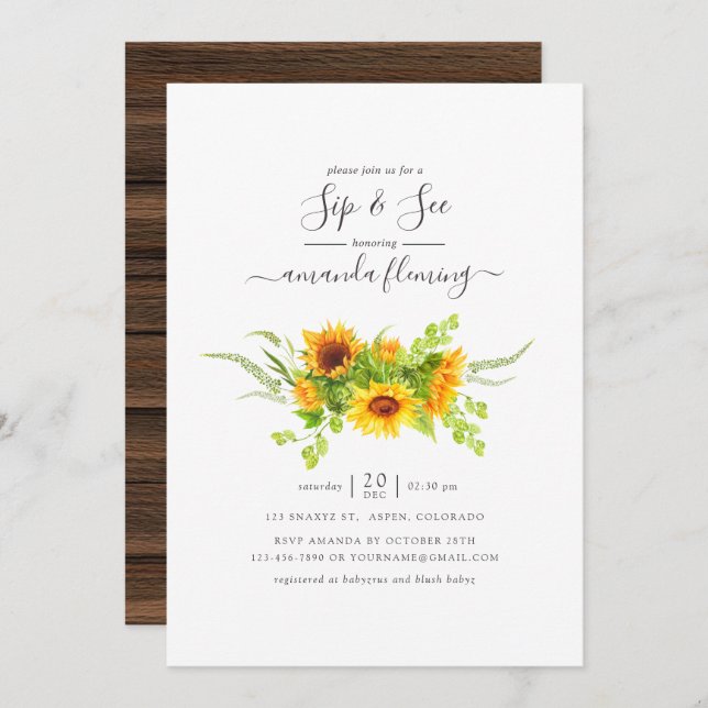 Convite Russ Watercolor Bohemian Sunflower Sip and See (Frente/Verso)