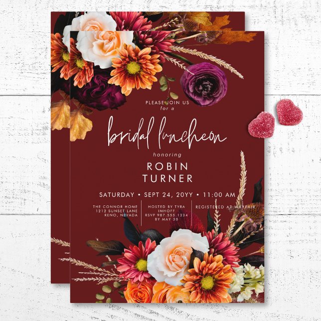 Convite Russet Dark Boho Floral Rust Bridal Luncheon (Dark Russet Boho Floral Rust Bridal Luncheon Invitation)