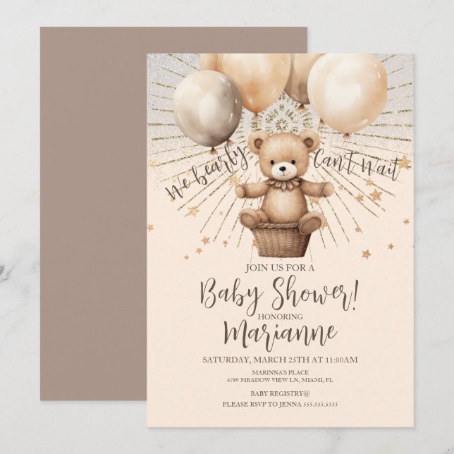 Convite Russo Boêmia Glitter Chá de fraldas Urso (Frente/Verso)