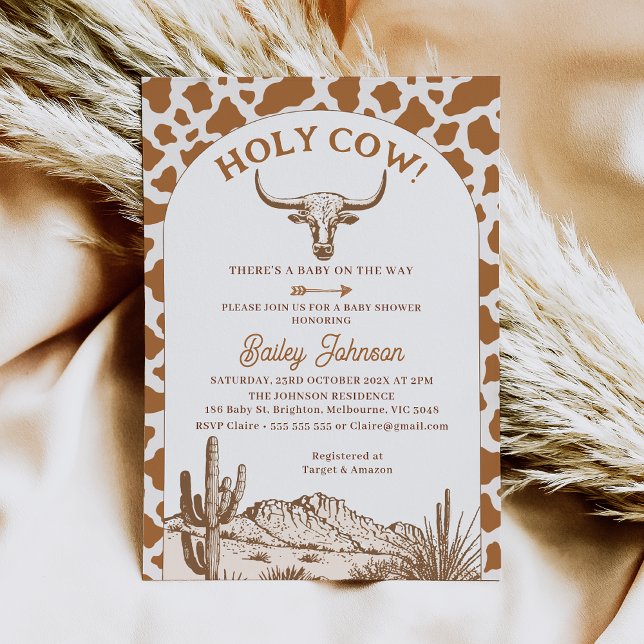 Convite Russo Boho Cow Impressão Santa Chá de fraldas (Holy Cow Baby Shower Invitation, Brown Cow Print, Western Desert, Longhorn Cow, Cow Themed Shower)