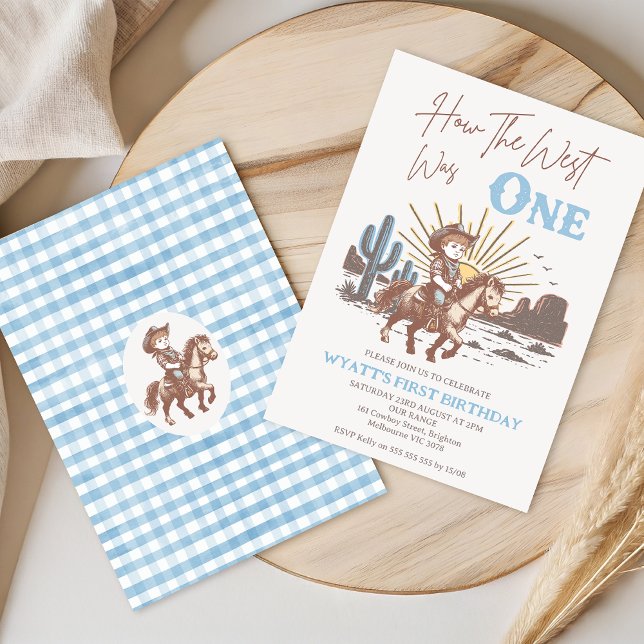 Convite Russo Brown Blue Como O Oeste Era Um primeiro aniv (Little Cowboy How The West was One 1st Birthday Invitation Template, Western 1st Birthday Invitation)