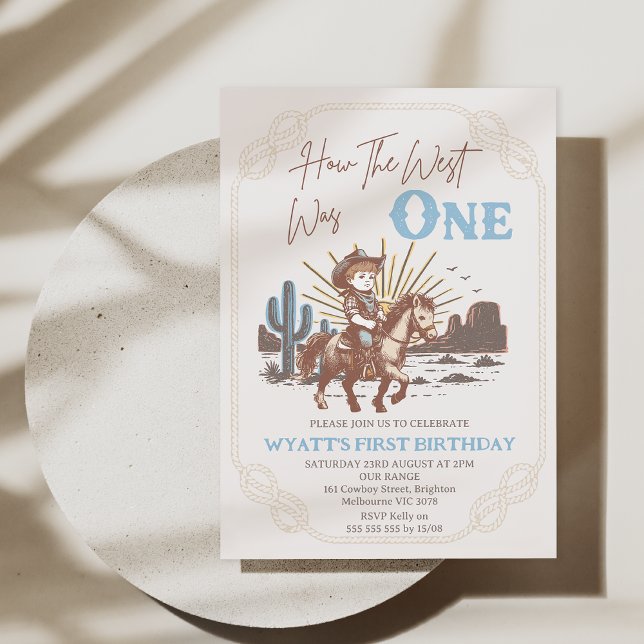 Convite Russo Brown Frame Como O Ocidente Era Um primeiro  (How the West Was One Birthday Invitation Printable, Western Cowboy 1st Birthday Invitation Template)