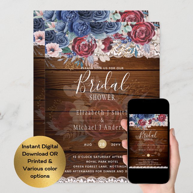 Convite Russo Burgundy Blue Floral Chá de panela Digital (Criador carregado)