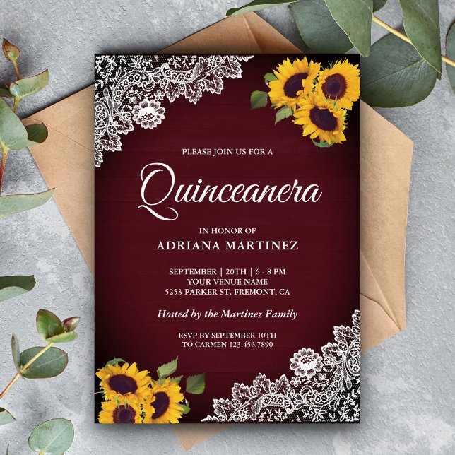 Convite Russo Burgundy Madeira Lace Girassol Quinceanera (Criador carregado)