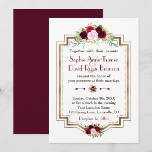 Convite Russo Burgundy Marsala Casamento outono Dourado Fl