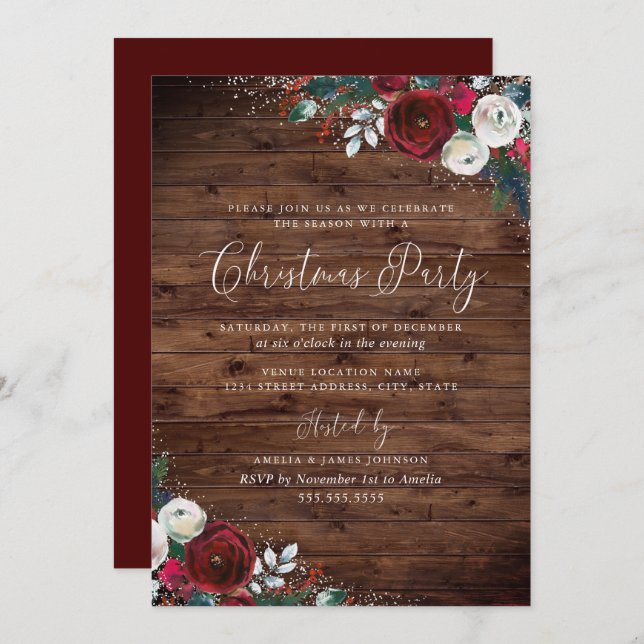 Convite Russo Burgundy Watercolor Floral Snow Natal (Frente/Verso)