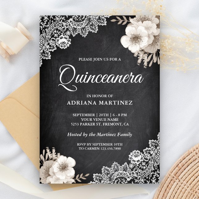 Convite Russo Chalkboard Lace Ivory Floral Quinceanera (Criador carregado)