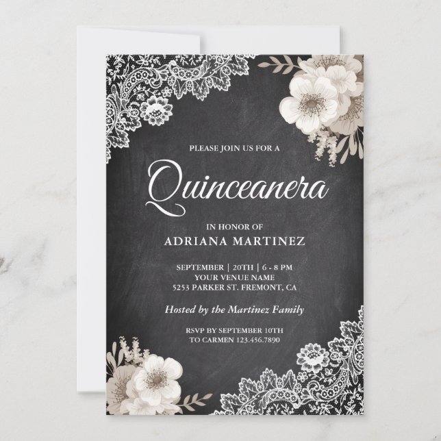 Convite Russo Chalkboard Lace Ivory Floral Quinceanera (Frente)