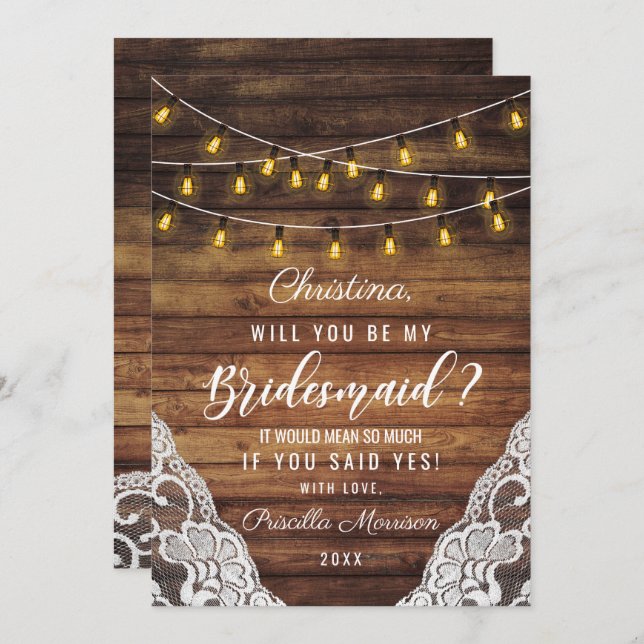 Convite Russo Country String Luz Lace De Madeira Bridesmai (Frente/Verso)