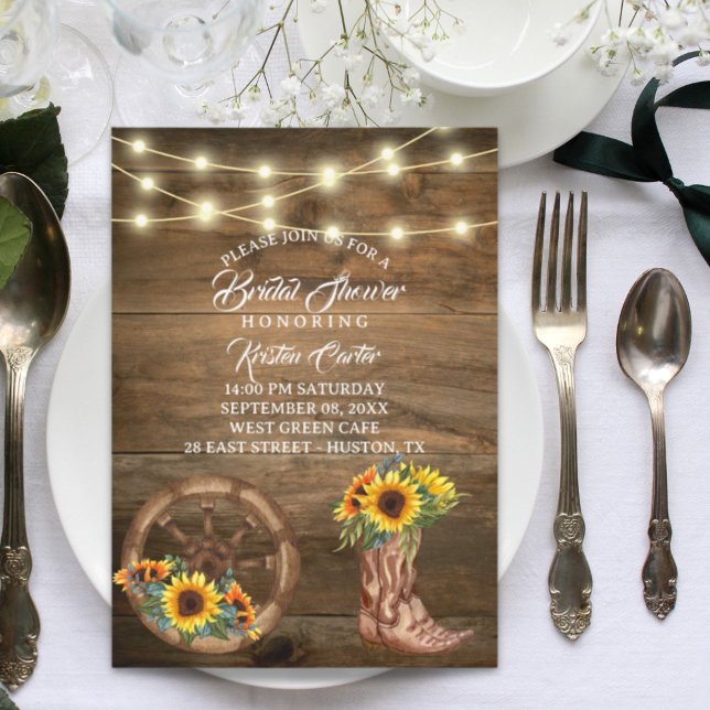 Convite Russo Cowboy Boot Sunflower Western Chá de panela (Rustic Cowboy Boot Sunflower Western Bridal Shower Invitation)