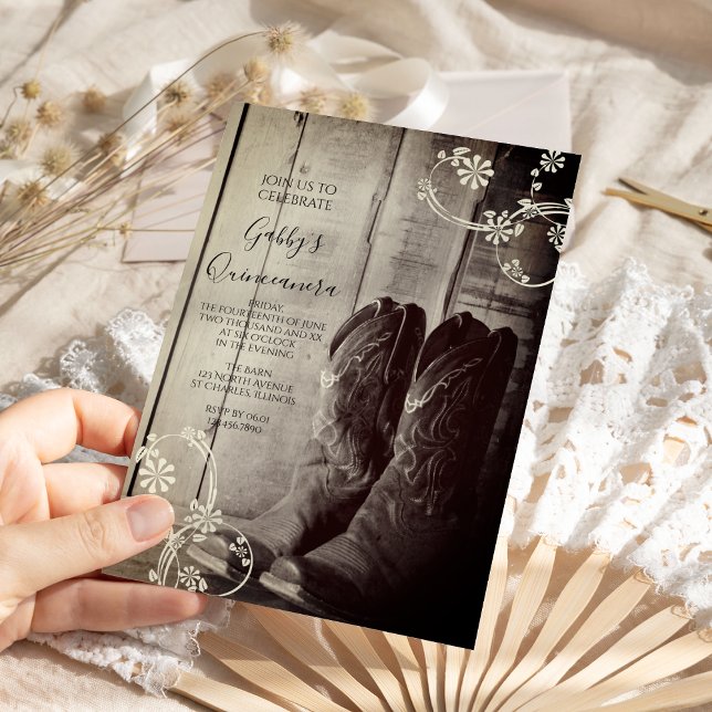 Convite Russo Cowboy Boots Partido Quinceanera Ocidental (Criador carregado)