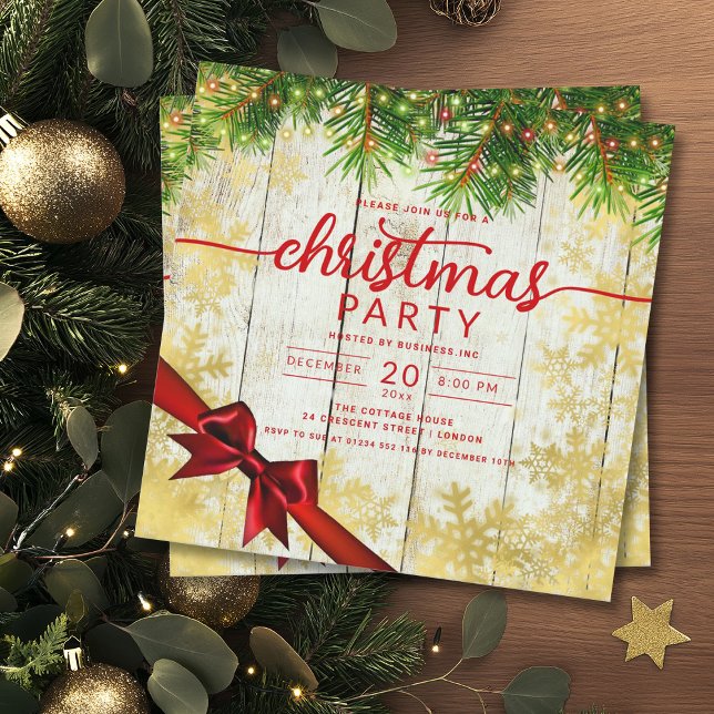 Convite Russo Dourado Snow & Pine Lights Company Xmas Ribb (Rustic Gold Snow & Pine Lights Company Xmas Ribbon Invitation)