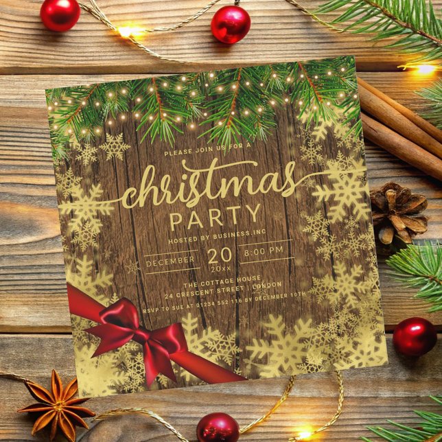 Convite Russo Dourado Snow & Pine Lights Company Xmas Ribb (Rustic Gold Snow & Pine Lights Company Xmas Ribbon Invitation)