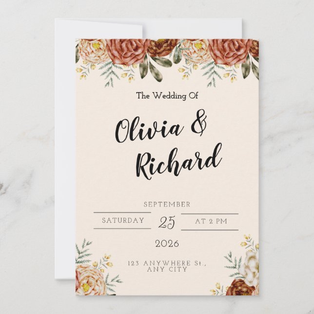 Convite Russo Floral Vermelho Rosa Elegante E Casamento Ch (Frente)