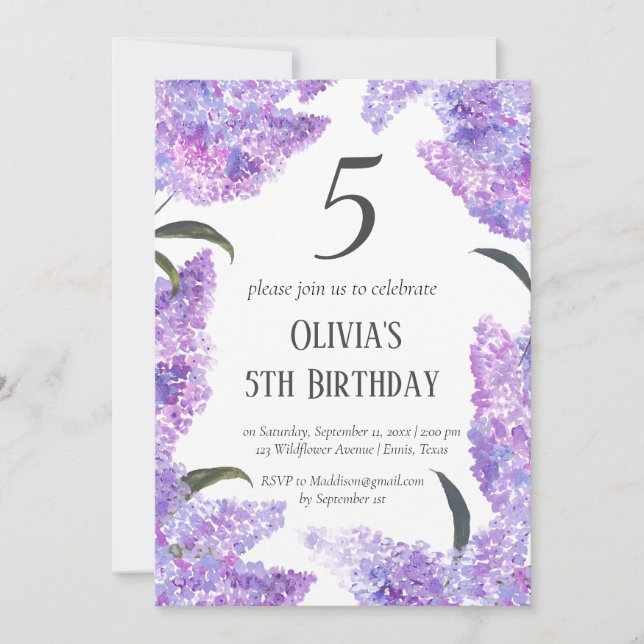Convite Russo Lilac 5 Birthday Wildflower Birthday (Frente)