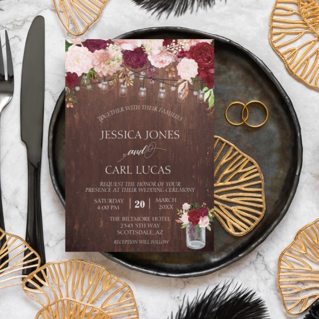 Convite Russo Madeira Borgonha Blush Rosa Rosa Mason Jar (Criador carregado)