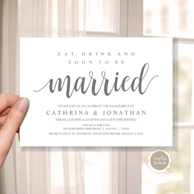 Convite Russo Moderno, Celebração Festa de noivado Invita (Modern Wedding Engagement Party Invitation Card, Eat, Drink and Soon To Be Married, Dark Grey)