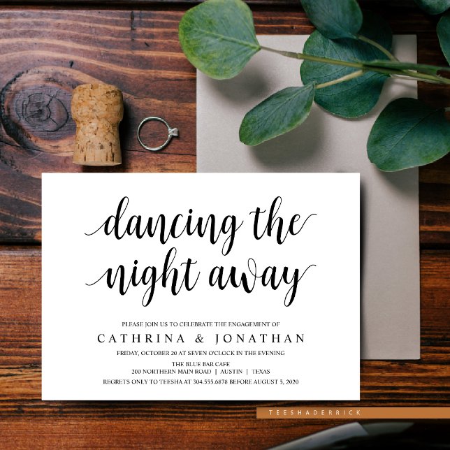 Convite Russo Moderno, Escrita Negra, Festa de noivado (Dancing The Night Away, Modern Rustic, Engagement Dinner and Party Invitation Cards)