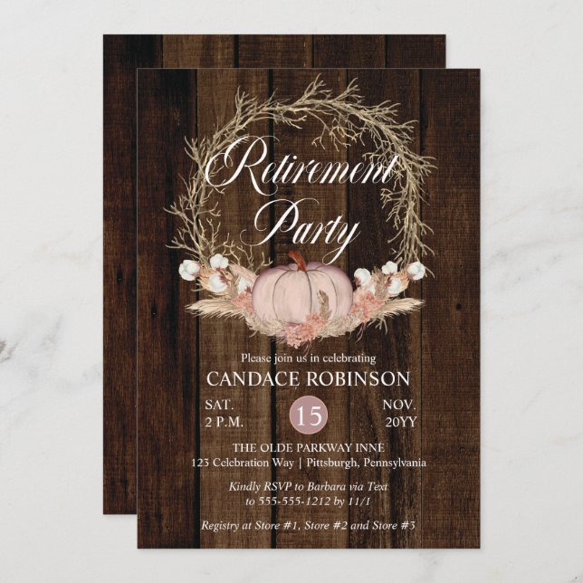 Convite Russo Pumpkin Pampas Wreath Retirement Party (Frente/Verso)