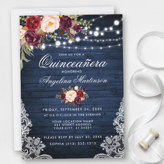 Convite Russo Quinceanera Azul Madeira Borgonha Floral